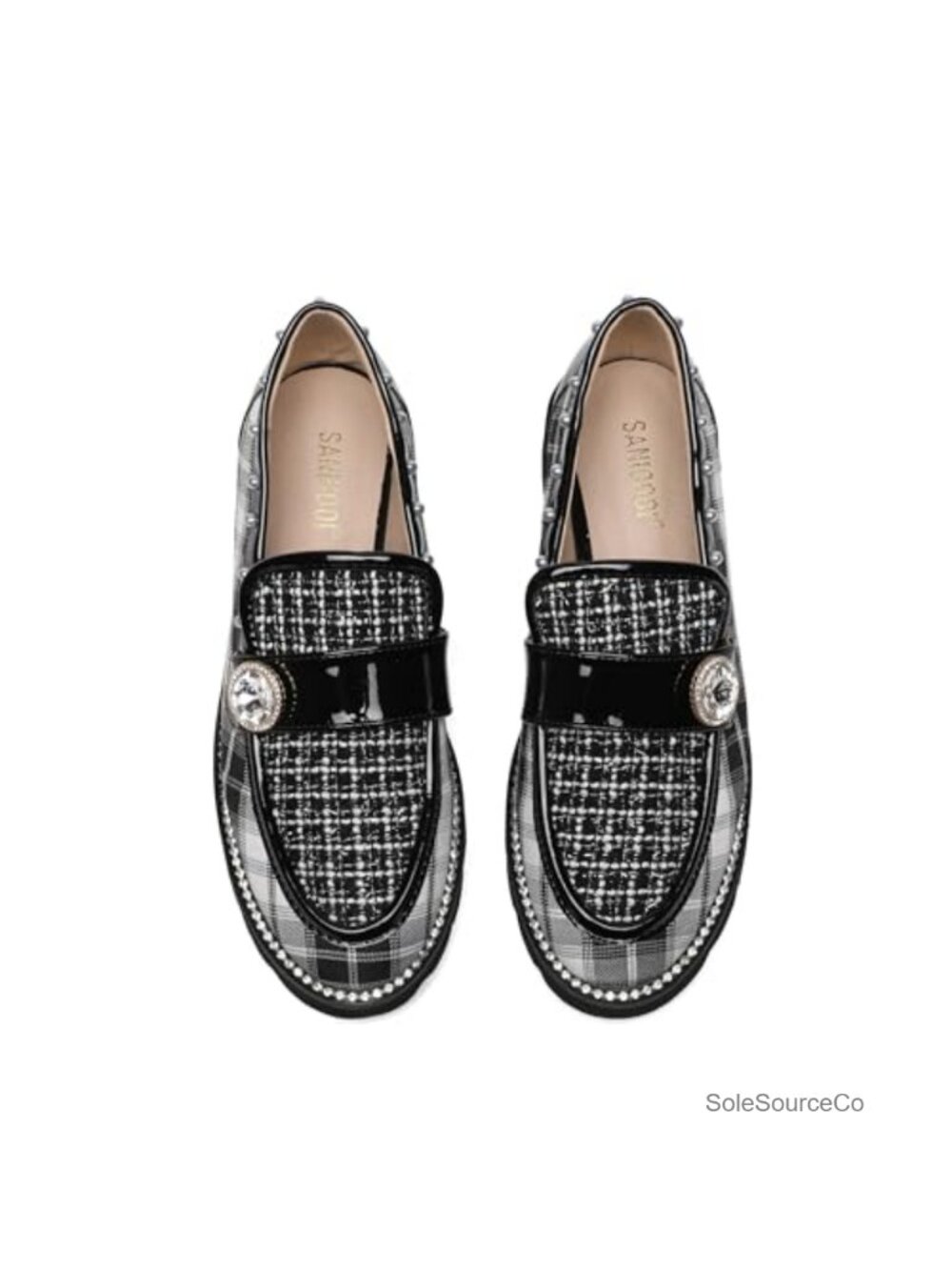 Women's Plaid Lug Sole Penny Loafers with Pearl & Rhinestone Accents Slip-On